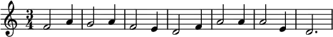 \relative c'{\set Staff.midiInstrument = #"electric piano 2" \once \hide Score.MetronomeMark \tempo 4 = 85 \time 3/4 f2 a4 g2 a4 f2 e4 d2 f4 a2 a4 a2 e4 d2.}