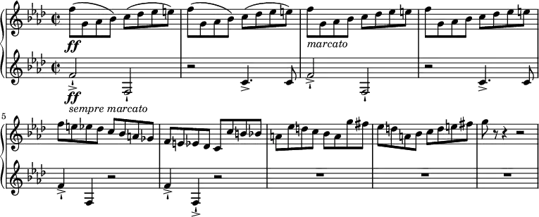 \relative c'' {
\new PianoStaff <<
\new Staff {
\set Staff.midiInstrument = #"piano" \key f \minor \clef treble \time 2/2 \set Score.tempoHideNote = ##t \tempo 4 = 120
f8 \ff ( g,8 as8 bes8 ) c8 ( des8 es8 e8 ) |
f8 ( g,8 as8 bes8 ) c8 ( des8 es8 e8 ) |
f8 _\markup{ \italic { marcato } } g,8 as8 bes8 c8 des8 es8 e8 |
f8 g,8 as8 bes8 c8 des8 es8 e8 |
f8 e8 es8 des8 c8 bes8 a8 ges8 |
f8 e8 es8 des8 c8 c'8 b8 bes8 |
a8 es'8 d8 c8 bes8 a8 g'8 fis8 |
es8 d8 a8 bes8 c8 d8 e8 fis8 |
g8 r8 r4 r2 |
}
\new Staff {
\set Staff.midiInstrument = #"piano" \key f \minor \clef treble \time 2/2
f,2 \ff _\markup { \italic { sempre marcato } } -! -> f,2 -! |
r2 c'4. -> c8 |
f2 -> -! f,2 -! |
r2 c'4. -> c8 |
f4 -> -! f,4 r2 |
f'4 -> -! f,4 -! -> r2 |
R1*3
}
>>
}