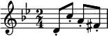 \header { tagline = ##f }
\layout { \set Score.tempoHideNote = ##t }
\score {
\relative g' { \key g \minor \time 2/4 \set Staff.midiInstrument = #"acoustic guitar (nylon)"
d8-. c'-. a-. fis-.
}
\layout { indent = 0\cm }
\midi { \tempo 4 = 60 }
}