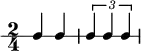  \new RhythmicStaff {
   \clef percussion
   \time 2/4
   \set Score.tempoHideNote = ##t \tempo 4 = 100
   c4 c
   \tuplet 3/2 { c4 c c }
}
