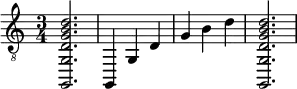 {
\clef "treble_8"
\time 3/4 \set Staff.midiInstrument = #"acoustic guitar (steel)"
<g,, g, d g b d'>2.
<g,, >4
<g, >4
<d >4
<g >4
<b >4
<d' >4
<g,, g, d g b d'>2.
}