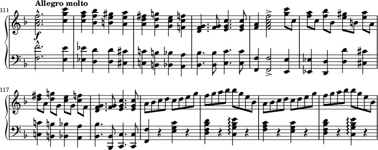\new PianoStaff <<
\new Staff = "up" \with { \remove "Time_signature_engraver" } { \relative c'' {
\key f \major \clef treble
\set Score.currentBarNumber = #111 \bar ""
\set Staff.midiInstrument = "string ensemble 1"
\accidentalStyle "modern"
\set Score.tempoHideNote = ##t \tempo "Allegro molto" 2 = 108
\override Score.SpacingSpanner #'common-shortest-duration = #(ly:make-moment 1 4)
\time 2/2
<a c f>2.^\marcato <c g' c>4 | <c f a> <bes f' bes> <b e gis> <a e' a> | <a d fis> <g d' g> <g c e> <f c' f> | <d f g>4. <f g>8 <e g c>4. q8 |
\set beamExceptions = #'((end . ( ((1 . 8) . (2 2 2 2)) )))
<f a>4 <f a c f>2-> <g' c>8 c, | <f a> c <f bes> bes, <e gis> b <e a> a, | <d fis> a <d g> g, <c e> g <c f> f, | <d f g>4. <f g>8 <e g c>4. q8 |
\set beamExceptions = #'()
a bes c d c d e g | f g a bes bes g e bes | a bes c d c d e g | f g a bes bes g e bes |
}}
\new Dynamics { s4\f }
\new Staff = "down" \with { \remove "Time_signature_engraver" } { \relative c {
\key f \major \clef bass
\set Staff.midiInstrument = "cello"
\accidentalStyle "modern"
<f f'>2.^\marcato <e e'>4 | <es es'> <d d'> q <cis cis'> | <c c'> <b b'> <bes bes'> <a a'> | <bes bes'>4. q8 <c c'>4. q8 |
<f, f'>4 q2-> <e e'>4 | <es es'> <d d'> <d' d'> <cis cis'> | <c c'> <b b'> <bes bes'><a a'> | <bes bes'>4. <bes, bes'>8 <c c'>4. q8 |
<f f'>4 r <e' g c> r | <d f bes d> r <c g' bes e>\arpeggio r | <f a c> r <e g c> r | <d f bes d> r <c g' bes e>\arpeggio r |
}}
>>