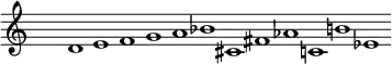 \header { tagline = ##f }
\layout { indent = 0\cm ragged-right = ##t
\context { \Score \remove "Bar_number_engraver" \override SpacingSpanner.base-shortest-duration = #(ly:make-moment 6/8) }
\context { \Staff \remove "Bar_engraver" }
}
global = { \key c \major \time 4/4 \hide Staff.TimeSignature }
violin = \relative c' { \global
d1 e f g a bes cis, fis aes c,! b'! ees,
}
\score {
\new Staff \with { midiInstrument = "violin" } \violin
\layout { }
\midi { \tempo 1=90 }
}