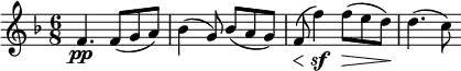 \relative c' {
\set Score.tempoHideNote = ##t \tempo 8 = 84
\set Staff.midiInstrument = #"violin"
\set Score.currentBarNumber = #37
\key f \major
\time 6/8
f4.\pp f8( g a)
bes4( g8) bes( a g)
\override DynamicLineSpanner.staff-padding = #2
f(\< f'4)\sf f8(\> e d)\!
d4.( c8)
}
