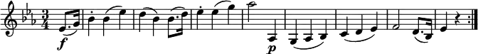 { \tempo 4 = 120 \set Score.tempoHideNote=##t \set Staff.midiInstrument = "violin" \relative es' { \key es \major \time 3/4
\partial 4 es8.( \f g16) | bes4-. bes( es) | d4( bes) bes8.( d16) | es4-. es( g) | as2 as,,4 \p |
g4( as bes) | c4( d es) | f2 d8.( bes16) | es4 r \bar ":|." }}