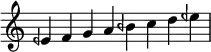 
\relative c' {
\time 8/4 \omit Staff.TimeSignature
eeh f g a beh c d eeh \bar "|"
}

