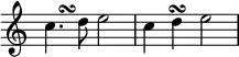 {
\override Score.TimeSignature #'stencil = ##f
<< \clef treble
\relative c'' {
\stemNeutral c4. d8 e2 c4 d\turn e2
} \\ {
s4 s^\turn
}
>>
}