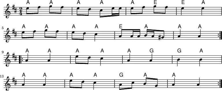<<
\new ChordNames {
\set chordChanges = ###
a4 a4 |%1
a4 a4 |%2
a4 a4 |%3
e4 e4 |%4
a4 a4 |%5
a4 a4 |%6
a4 e4 |%7
a4 a4 |%8
a4 a4 |%9
a4 a4 |%10
a4 a4 |%11
g4 g4 |%12
a4 a4 |%13
a4 a4 |%14
a4 g4 |%15
a4 a4 |%16
}
\new Staff \relative c''{
\time 2/4
\key a \mixolydian
\repeat volta 2 { %start repeat
e8 fis8 g8 fis8 |%1
e8 d cis e16 e |%2
e8 fis g fis |%3
e4 e4 |%4
\break
e8 fis8 g fis |%5
e8 d8 cis4 |%6
a8 a16 a b a gis8 |%7
a4 a |%8
} %end repeat
\break
\repeat volta 2 { %start repeat
a4 a |%9
e'8 d cis4 |%10
a4 a |%11
b4 b |%12
\break
a4 a |%13
e'8 d cis4 |%14
a8 cis b g |%15
a4 a |%16
}
}
>>