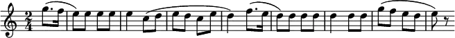 \relative {
\time 2/4
\partial 4
{g''8. (f16 | e8) e8 e8 e8 e4 c8 (d8 | e8 d8 c8 e8 d4)
f8. (e16 | d8) d8 d8 d8 d4 d8 d8 | g8 (f8 e8 d8 e8) r8}
}