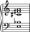 \new PianoStaff <<
\omit Score.TimeSignature
\new Staff { <cis' fis' a'>1 }
\new Staff { \clef bass <e bes>1 }
>>