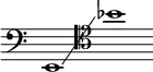 \layout { ragged-right = ##t \context { \Score \omit BarNumber } }
{
\new Staff \with { \remove "Time_signature_engraver" }
\clef bass \key c \major \cadenzaOn
e,1
\glissando
\clef tenor bes'1
}