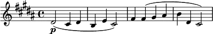 \relative c' { \set Staff.midiInstrument = #"string ensemble 1"
\key b \major \set Score.tempoHideNote = ##t \tempo 4 = 60
dis2(\p cis4 dis |
b4 e cis2) |
fis4 fis( gis ais |
b4 dis, cis2) |
}