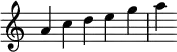  {
\override Score.TimeSignature #'stencil = ##f
\relative c'' {
  \time 5/4
  a4 c d e g | a
} }

