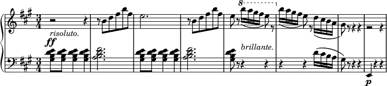 \relative c' {
\new PianoStaff <<
\new Staff { \key fis \minor \time 3/4
\set Score.tempoHideNote = ##t
\tempo "" 2. = 64
r2_\markup { \italic risoluto. } r4 r8 b' d fis b fis e2. r8 b d fis b fis e8 r \ottava #1 \set Staff.ottavation = #"8"
\voiceTwo b''16( a gis fis e8) r \ottava #0 b16( a gis fis e8) r d16( cis b a gis8) r r4 r r2 r4
}
\new Dynamics {
s2\ff s4 s8 s s s s s s2. s8 s s s s s s8 s s16_\markup { \italic brillante. }
}
\new Staff { \key fis \minor \time 3/4 \clef bass
<gis, b d e>8 <gis b d e> <gis b d e>4 <gis b d e> <a b d fis>2. <gis b d e>8 <gis b d e> <gis b d e>4 <gis b d e> <a b d fis>2. <gis b d e>8 r r4 r r r d'16( cis b a gis8) r r4 r e,\p r r
}
>>
}