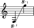 
{
    \override Score.SpacingSpanner.strict-note-spacing = ##t
    \set Score.proportionalNotationDuration = #(ly:make-moment 1/8)
    \override Score.TimeSignature #'stencil = ##f
    \relative c {
        \time 2/4
        \ottava #-1 f,4 \glissando \ottava #1 g''''
    }
}
