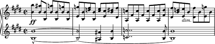 { \new PianoStaff <<
\new Staff \relative b' { \set Staff.midiInstrument = #"paino" \key e \major \clef treble \time 2/2 \set Score.tempoHideNote = ##t \tempo 4 = 120
<b b'>4 \ff <b ais'>8 <b, b'>8 <b' a'>8 <b, b'>8 <b' g'>8 <b, b'>8 | % 2
<e g'>8 <b b'>8 <d' fis>8 <b, b'>8 <cis' e>8 <e, cis'>8 <b' dis>8
<dis, fis'>8 | % 3
<a c'>8 fis'8 <a, c'>8 fis'8 <a, c'>8 fis'8 <a, c'>8 <fis' dis'>8 | % 4
<dis fis'>8 <b' d>8 <e, e'>8 _\markup{ \italic {dim.} } b'8 <dis,
fis'>8 b'8 <e, g'>8 b'8 }
\new Staff \relative b { \set Staff.midiInstrument = #"piano" \key e \major \clef treble \time 2/2
<b b'>1 ~ _^ ~ | % 2
<b b'>2 ( <ais ais'>4 <b b'>4 | % 3
<c c'>2.. <b b'>8 | % 4
<b b'>1 ) }
>> }