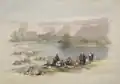 David Roberts' Immersion of the Pilgrims; the accompanying text notes: "In this View Achmet Aga, the Governor of Jerusalem, with a part of his Arab guard, occupy the foreground."