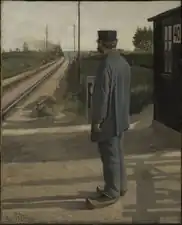 A gateman at work at a gated crossing of the South Line in Denmark. Painting by L. A. Ring, 1884.[7]