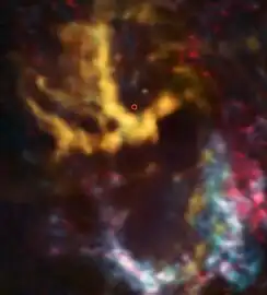 ALMA observations of molecular-hydrogen-rich gas clouds, with the area around Sagittarius A* circled[46]